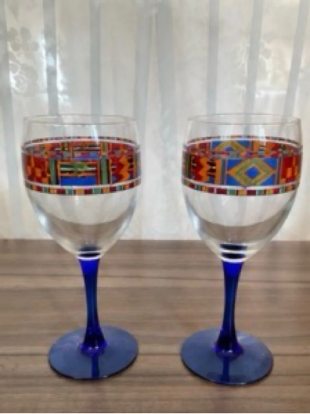 Vintage Avon Kente Water Goblets Cobalt Blue Stem Set of 2 France. Discontinued.